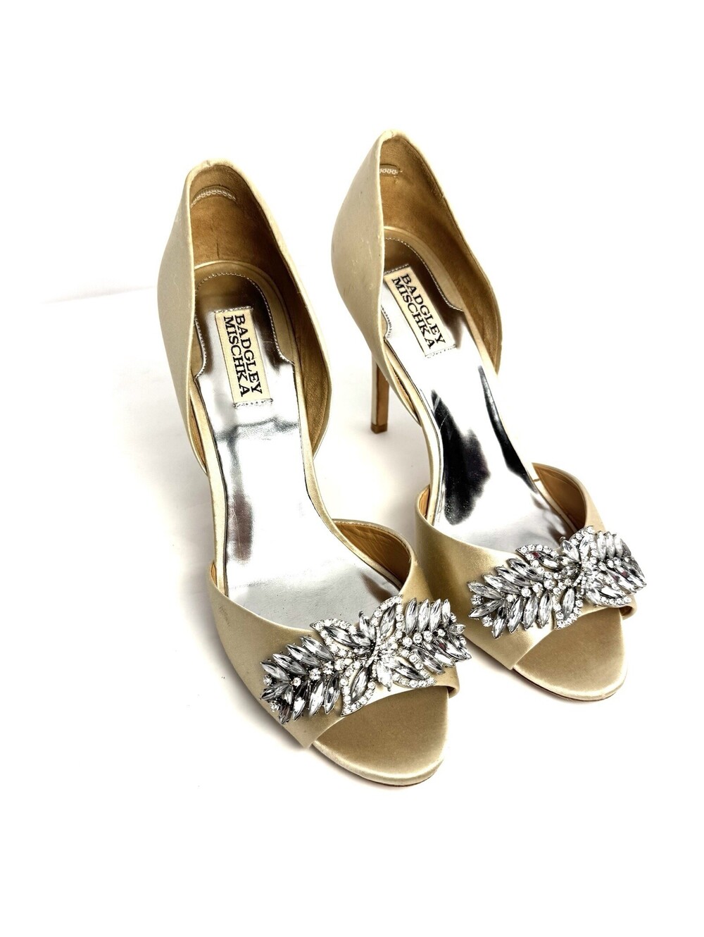 Badgley Mischka Nikki Champagne Satin D'Orsay Peep Toe Crystal Heels Size 9